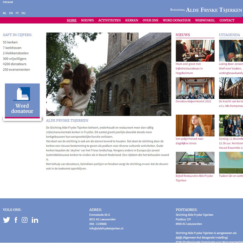 De afbeelding toont de website van Fryske Tsjerken.